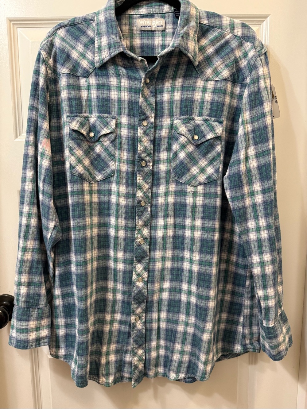 Wrangler Wrancher XL Blue Green Plaid Pearl Snap Western Flannel Shirt